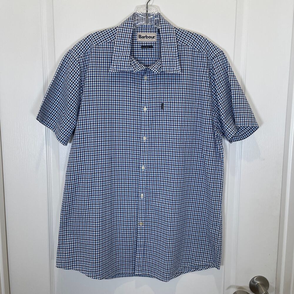 Barbour‎ Short Sleeve Button Down Shirt Blue White Check Preppy Cotton M